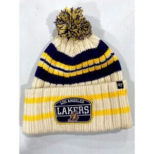 NBA Los Angeles Lakers Beanie Cap w/ Pom Logo Knit Cuff New Stripe Patch  Unisex